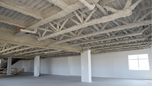 SOPREMA-identified HiBAR coating covering an exposed roof deck and open-web joists